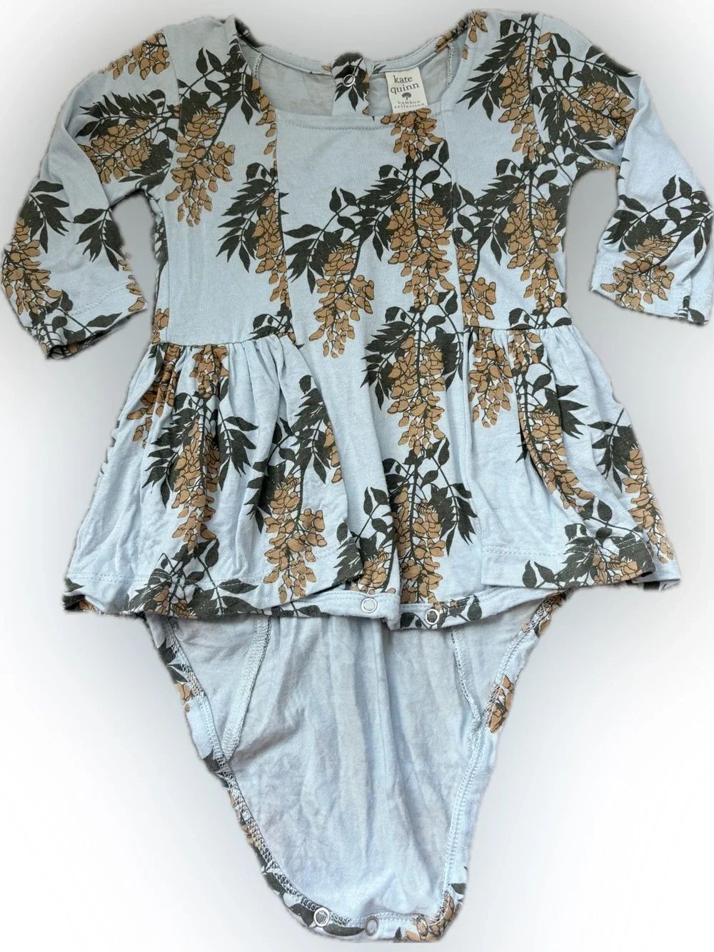 kate quinn Light Blue Floral Peplum Bodysuit with Mustard & Dark Green Print
